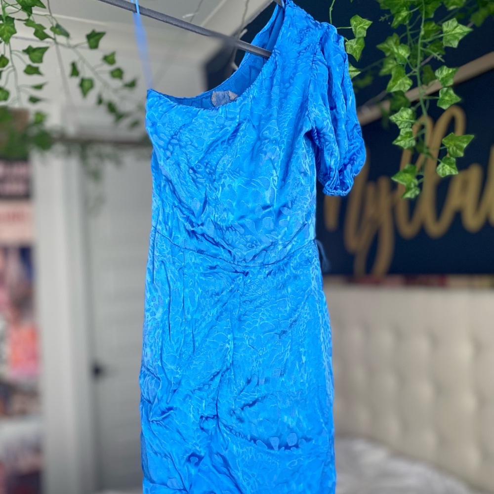 blue one shoulder dress